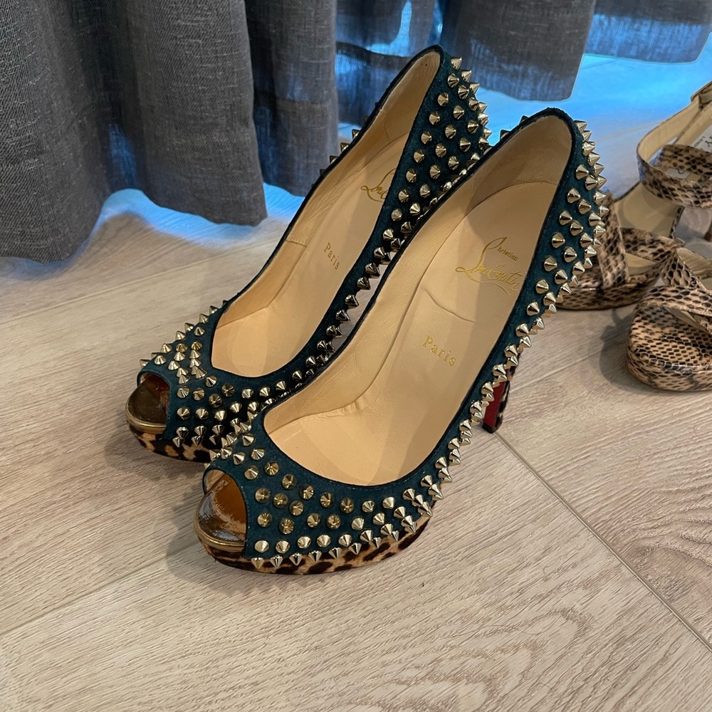 Christian Louboutin Veau Velours Calf Hair Leopard Lady Peep Spikes VIP 150